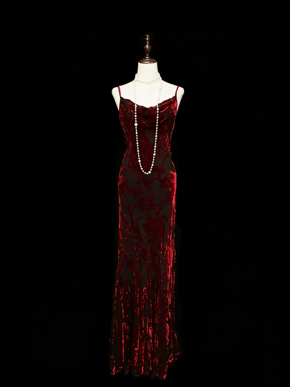 Vintage Fashion Night Aesthetic Mermaid Spaghetti Straps 80s 70s 90s Burgundy Velvet College Formal Outfit Long Prom Graduation Dresses N1146