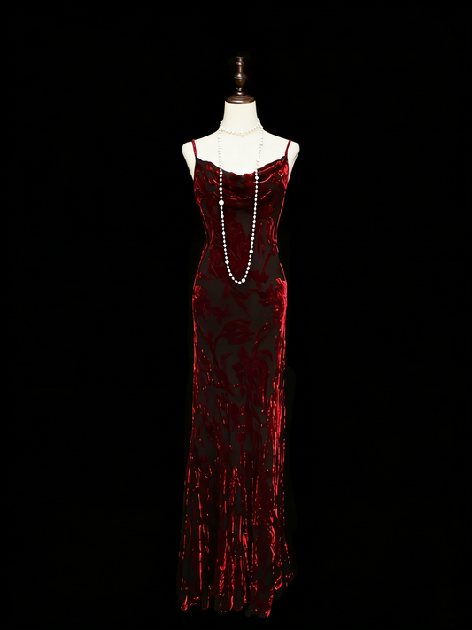 Vintage Fashion Night Aesthetic Mermaid Spaghetti Straps 80s 70s 90s Burgundy Velvet College Formal Outfit Long Prom Graduation Dresses N1146