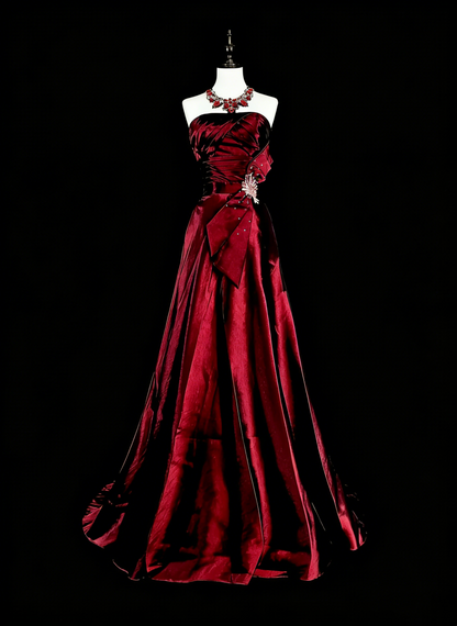 Vintage A line Strapless Burgundy Satin 90s Evening Gowns Formal Birthday Dress Long Prom Dresses N1760
