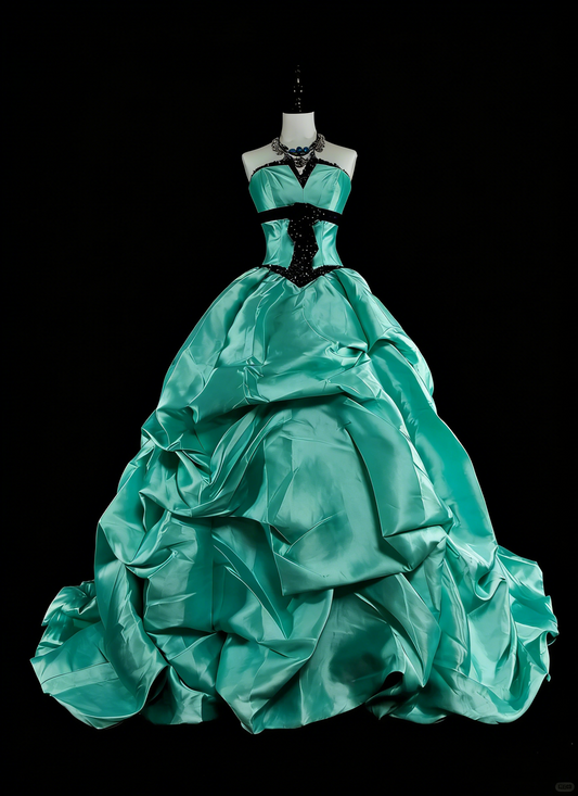 Vintage 1760s Ball Gown Sweetheart Green With Satin Pleated Long Prom Dresses N1598