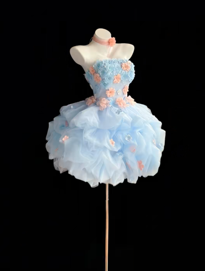 Pretty Ball Gown Strapless Blue With Pink Flowers Mini Short Party Homecoming Dress Senior High School Ideas Inspo Short Birthday Outfits RB7330
