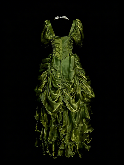 Vintage Prom Dresses Aesthetic 1960s Retro Ball Gown Square Neck Olive Green Long Party Dress N2134