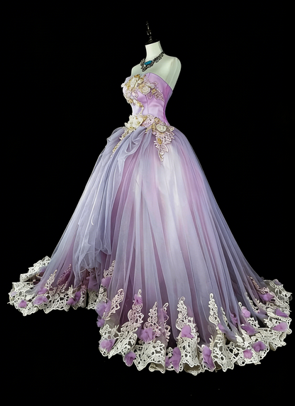 Vintage Prom Dresses Ball Gown Strapless Lilac With 3D Appliques 2000s Long Party Dress N2380