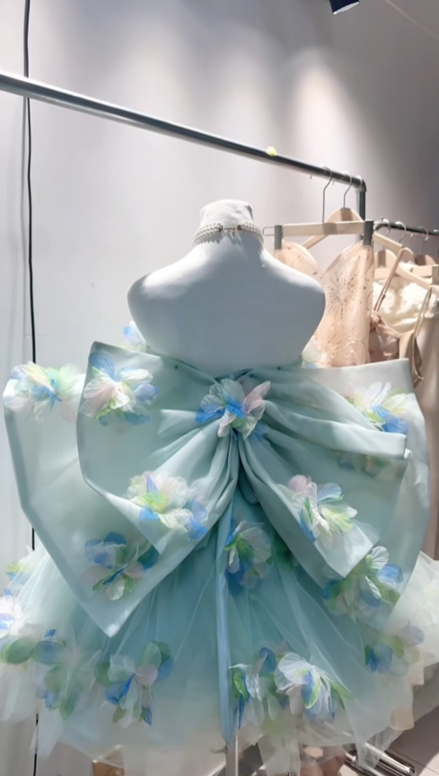 Modest Ball Gown Strapless Light Green Tulle With Flowers Short Mini Senior Inspo 16th Birthday Outfits Homecoming Dresses RB3966