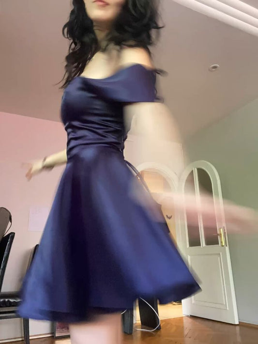 Classy A line Off The Shoulder Navy Blue Satin Freshman High Shool Grad Short Mini Hoco Gown Homecoming Dresses RB4383
