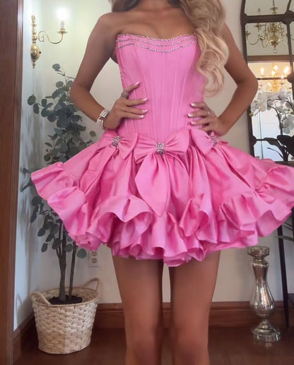 Sexy Ball Gown Strapless Pink Satin For Black Girl Short Homecoming Dress Senior High School Ideas Inspo Short Hoco Court Gowns RB7288