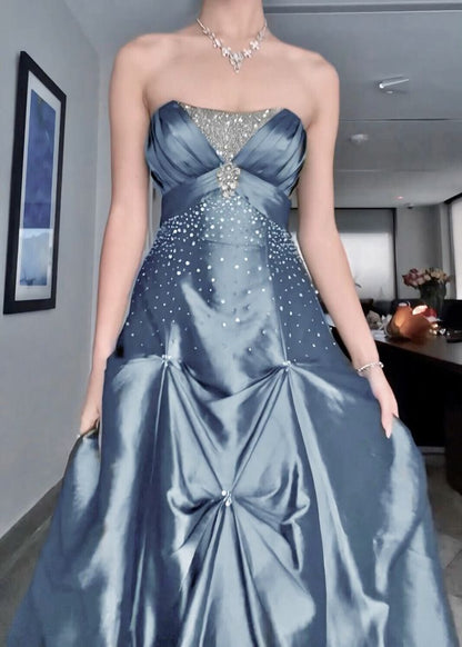 Vintage Ball Gown Strapless Blue Satin Taffeta 90s Prom Dresses Inspiration Party Dress Princess Graduation Dress AB1726