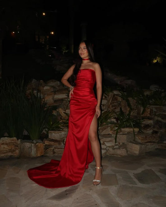 Gorgeous Mermaid Strapless Red Satin Slit Prom Dresses Sleeveless Long Formal Party Gown AB338
