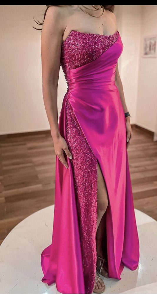 Sparkly Mermaid Strapless Hot Pink Sequin With Slit Long Prom Dresses Formal Party Gown Inspo Evening Outfit AB781