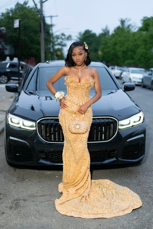 Prom Dress Inspo Mermaid Sparkly Sweetheart Gold Floor Length Formal Evening Gown for Black Women Graduation Party RC0175