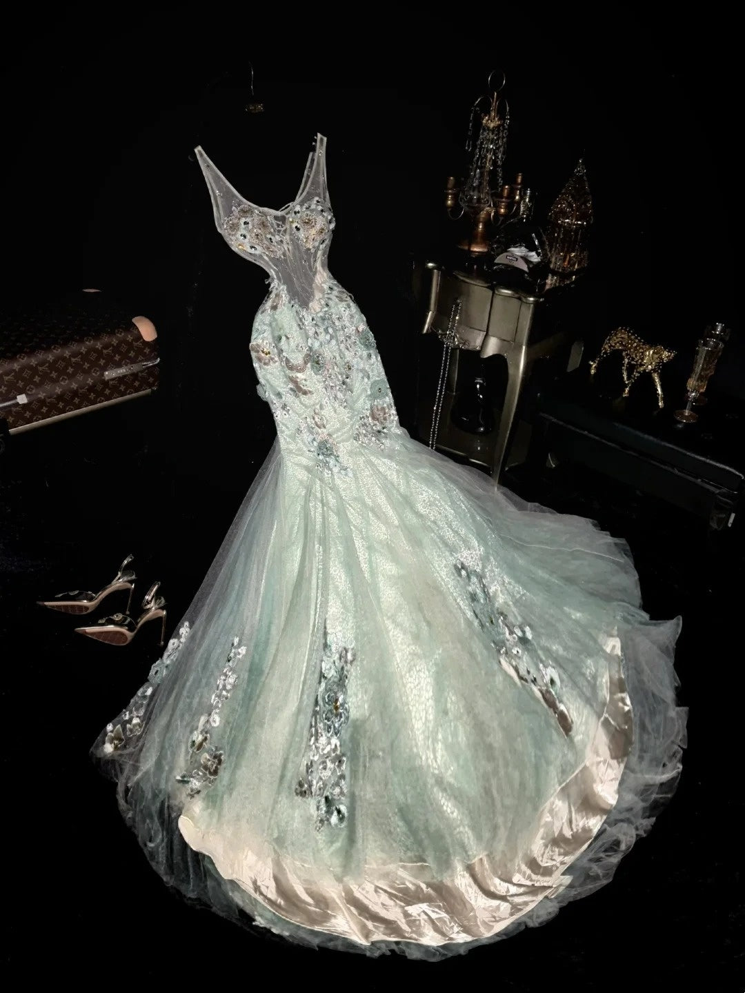 Elegant Mermaid V Neckline Sage Green Tulle With Appliqued Long Prom Dresses Formal Outfits Evening Night Dress RB8253
