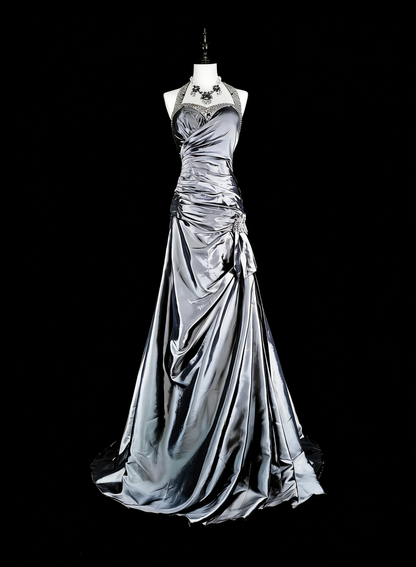Vintage Prom Dresses Aesthetic Mermaid Halter Grey Taffeta Classic Inspo Formal Party Dress N1998