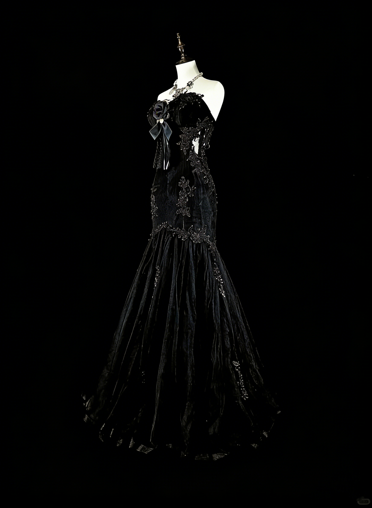 Vintage 1980s Mermaid Sweetheart Black Tulle With Appliques Sleeveless Long Prom Formal Dresses N1599