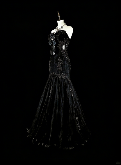 Vintage 1980s Mermaid Sweetheart Black Tulle With Appliques Sleeveless Long Prom Formal Dresses N1599