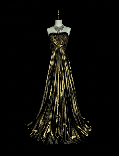 Vintage A Line Strapless Gold Black With Beaded Long Summer Prom Dresses Senior High Schools Formal Party Dress N1424
