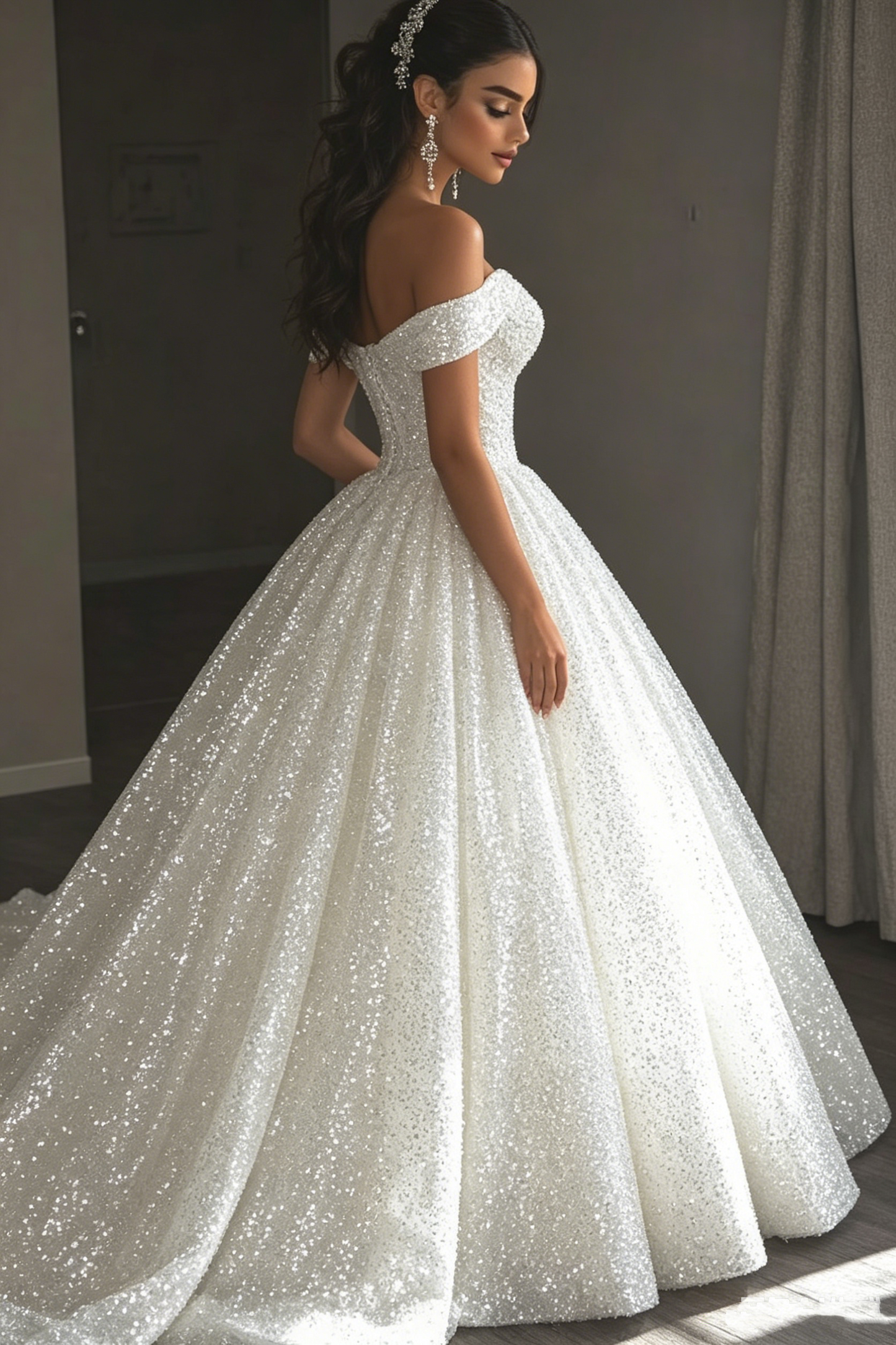 Sparkly Ball Gown Off The Shoulder Sequin Long Wedding Dress Fairy Formal Short Sleeves Wedding Dresses B113