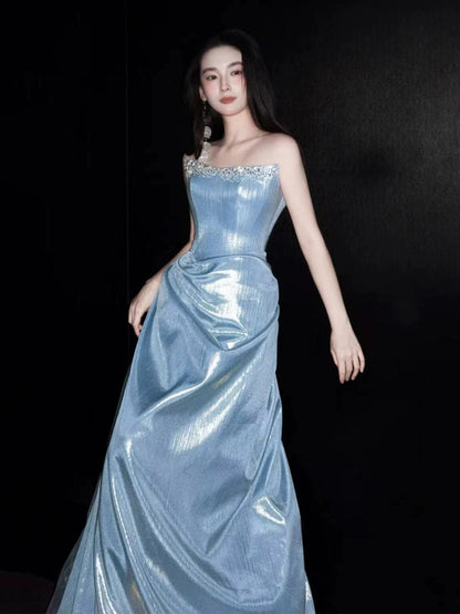 Glittery A Line Strapless Light Blue Sleeveless Prom Dresses Inspiration Long Night Outfits Birthday Outfits AB2215