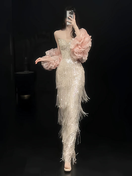 Glittery Sheath Strapless With Tassels Beads Sleeveless Pink Prom Dresses Inspiration Long Night Outfits Birthday Outfits AB2214