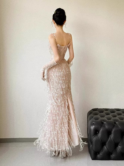 Glittery A line Spaghetti Strap With Tassels Beads Sleeveless Pink Prom Dresses Inspiration Long Night Outfits 18th Birthday Outfits AB2217