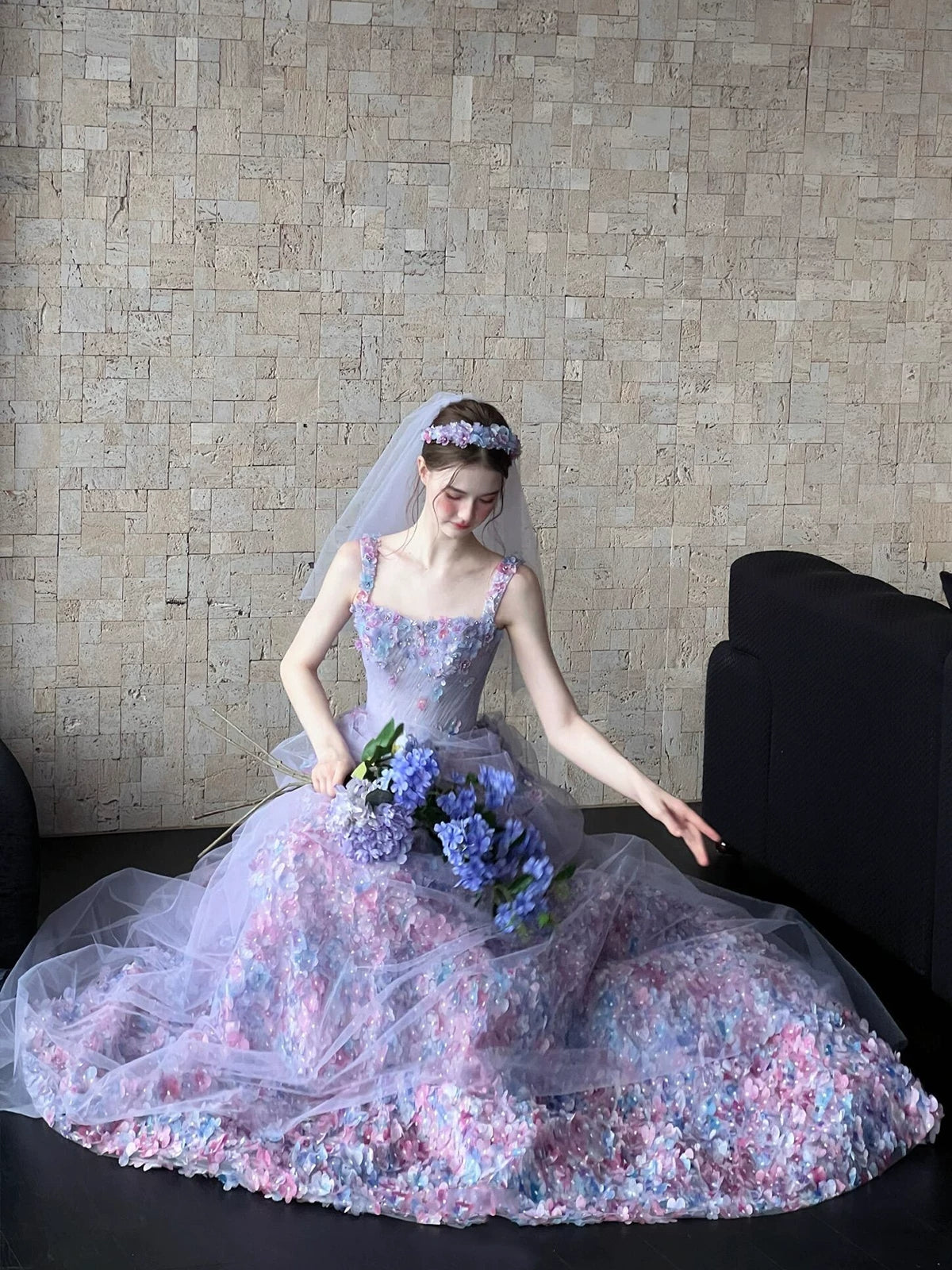 Princess Ball Gown Square Neck Lilac Lace Floral Long Prom Dress Fashion Aesthetic For Teens Formal Dresses Party Outfits Prom Gown AB2222