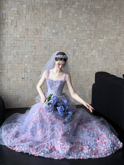 Princess Ball Gown Square Neck Lilac Lace Floral Long Prom Dress Fashion Aesthetic For Teens Formal Dresses Party Outfits Prom Gown AB2222