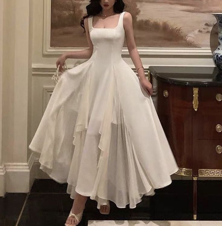 Gorgeous A Line Square Neckline Sleeveless White Date Night Dress Prom Dresses Birthday Outfits AB1915