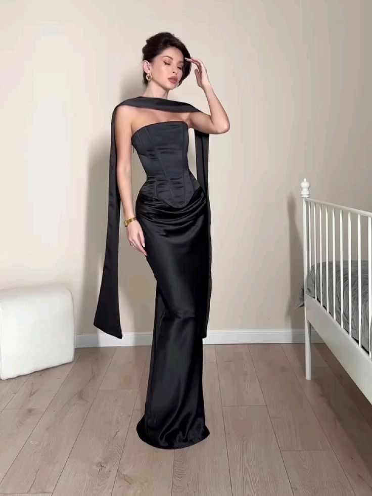 Modest Mermaid Strapless Black Tie Dress Sleeveless Spring Summer Event Outfits Wedding Guest Dresses RB3822