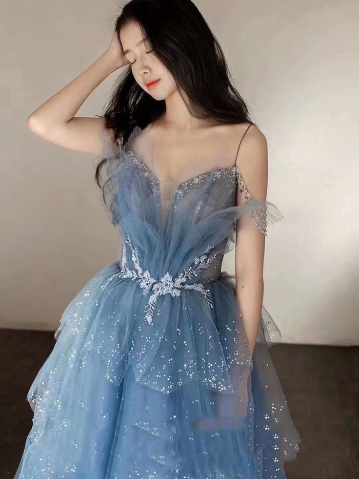 Gorgeous Blue Sparkly Tulle Beaded Prom Dress, Tiered Formal Gown with Rhinestone Party Gowns AB2197