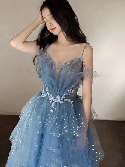 Gorgeous Blue Sparkly Tulle Beaded Prom Dress, Tiered Formal Gown with Rhinestone Party Gowns AB2197