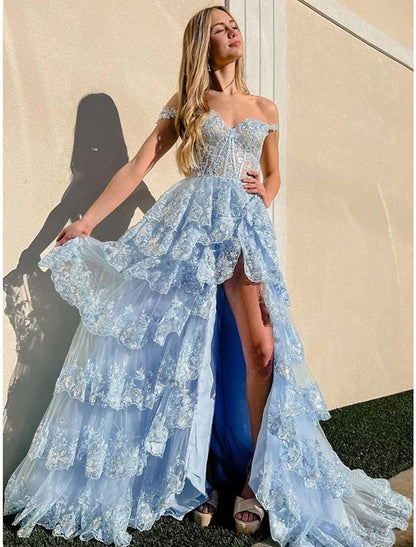 Sparkly Ball Gown Off The Shoulder Lace Slit For High School Teens Girls Prom Dresses Sequin Long Formal Evening Party Gowns N791