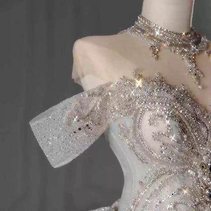 Sparkle Ball Gown Off The Shoulder Sequin Short Sleeves White Silver Beaded Wedding Dress Long Bridal Gown Wedding Dresses Ideas DH2899