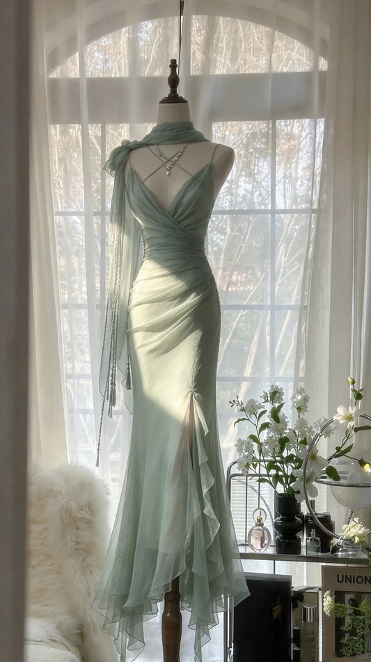 Simple Mermaid Spaghetti Straps Sage Green Chiffon Scarf Split Long Prom Dresses Inspo Party Gown RC1250