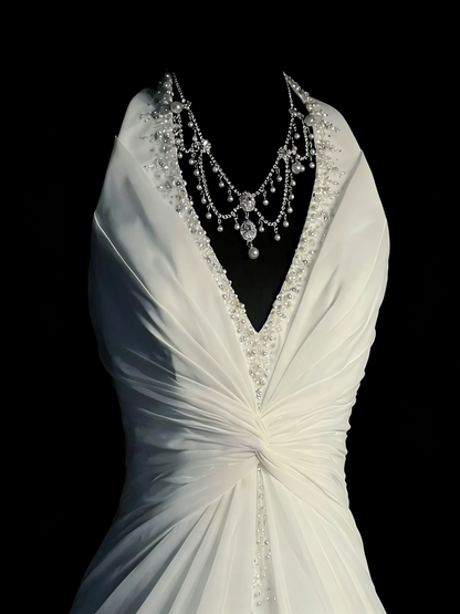 Modest Mermaid V Neck White Chiffon College Formal Outfit Long Prom Graduation Dresses For Teens N1184