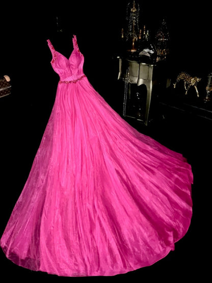Elegant A Line Sweetheart Hot Pink Tulle With Beading Long Prom Dresses Formal Outfits Evening Night Dress RB8254