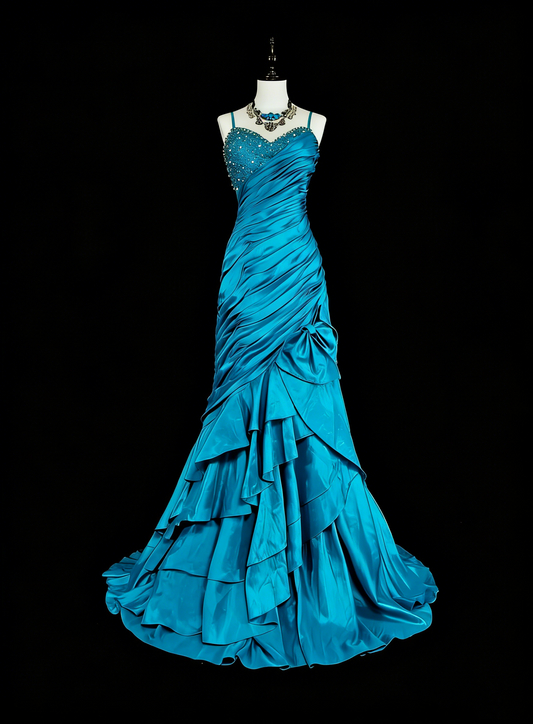 Vintage Prom Dresses Mermaid Spaghetti Strap Blue With Beading Pleated 1980s Long Formal Gown N2702