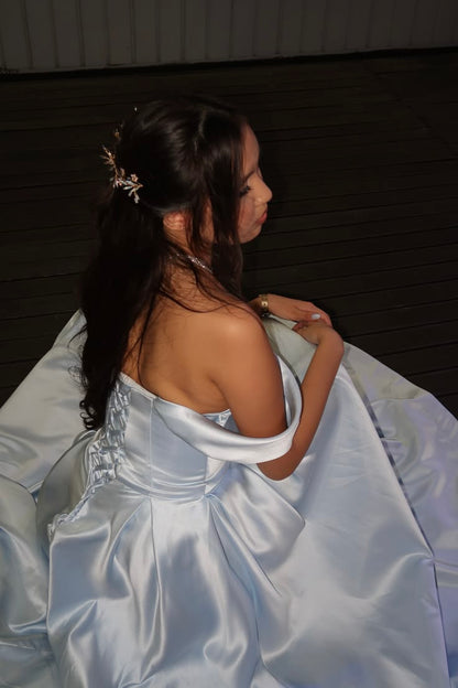 Light Sky Blue Prom Dress Off The Shoulder A line Grad Formal Gown Long Graduation Outfits For Women RB9547