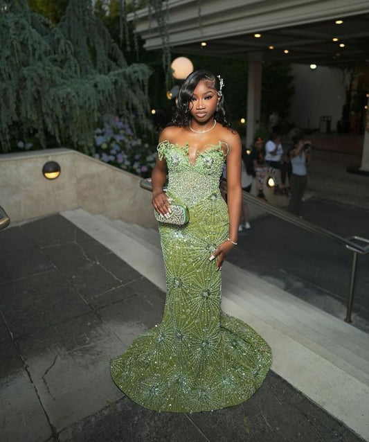 Green Mermaid Long Evening Gown Shinny Prom Dress Inspiration Party Gowns Princess Formal Dress N779