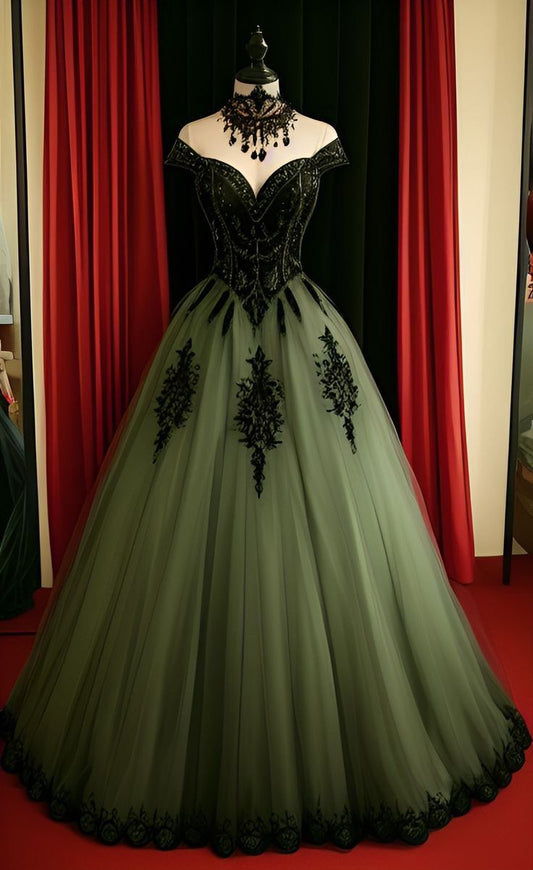 Modest Ball Gown Off The Shoulder Olive Green Tulle Lace Prom Dresses With Sleeves Party Dress Evening Dresses AB1086