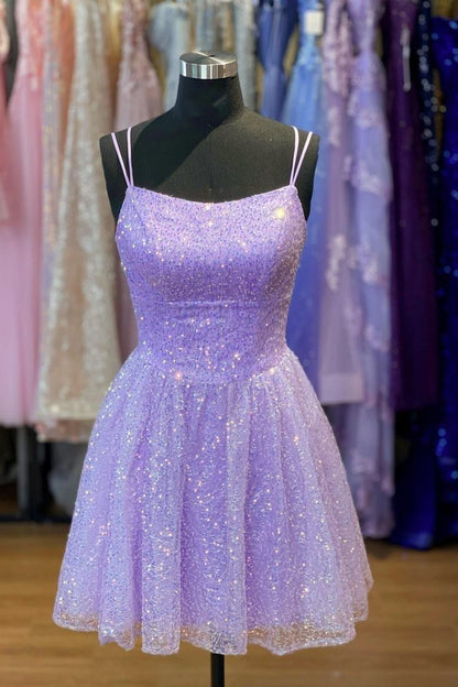Sweet Ball Gown Spaghetti Strap Lilac Sleeveless Sequin Short Mini 16th Birthday Dresses Hoco Outfits N1907