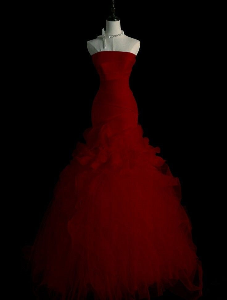 Modest Mermaid Strapless Red Tulle Long Prom Dresses Inspiration Evening Gowns For Women Teens Formal Party Dress AB1268
