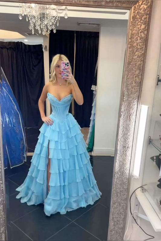 Classy Ball Gown Sweetheart Light Blue Chiffon With Slit Split Prom Dress Aesthetic For Teens Formal Dress Party Outfits Prom Gowns AB1064