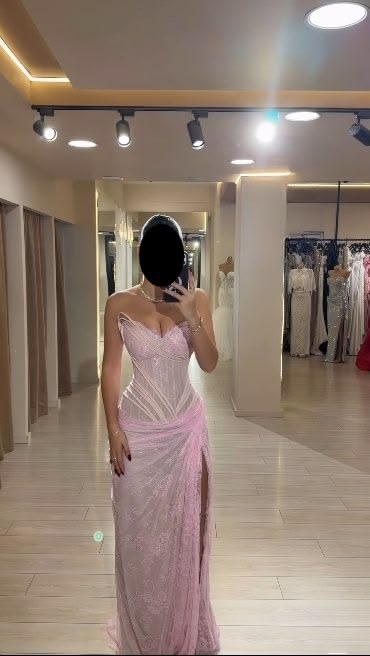Sexy Mermaid Strapless Pink Lace With Split Prom Dresses Long Evening Formal Gown With Pleated Party Gowns N350