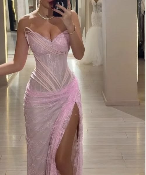 Sexy Mermaid Strapless Pink Lace With Split Prom Dresses Long Evening Formal Gown With Pleated Party Gowns N350