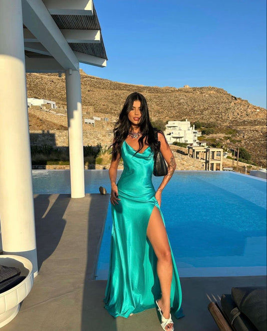 Modest Night Aesthetic Mermaid Spaghetti Straps Green Slit College Formal Outfit Long Prom Graduation Dresses For Teens N1124