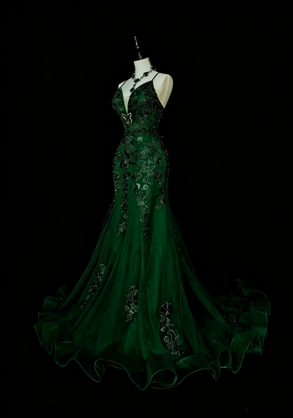 Vintage Mermaid Halter Dark Green 90s With Lace Beaded Long Summer Prom Dresses Senior High Schools Formal Party Dress N1425