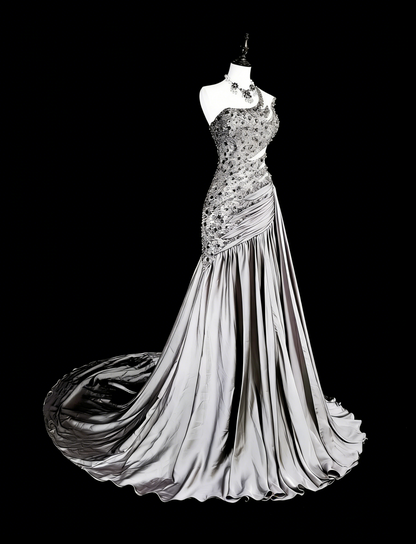 Vintage Prom Dresses Aesthetic Mermaid One Shoulder Grey Taffeta Classic Inspo With Crystals Gem Dress N1999