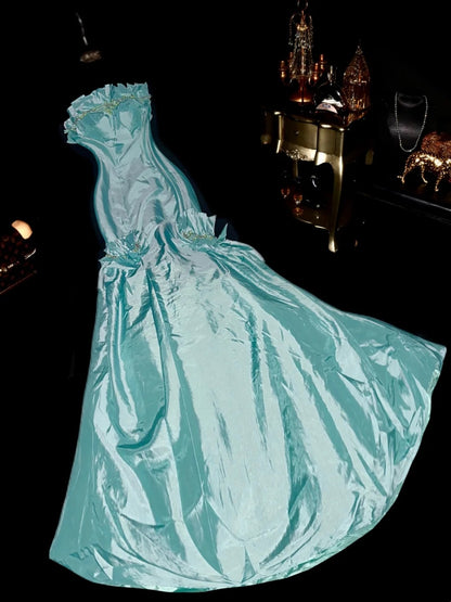Classy Mermaid Strapless Tiffany Blue Satin With Beading Long Prom Dresses Formal Outfits Evening Night Dress RB8255