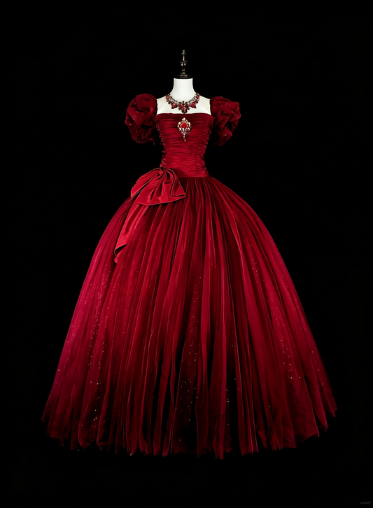 Modest Prom Dresses Ball Gown Square Neck Burgundy Tulle Long Quince Dress N3072
