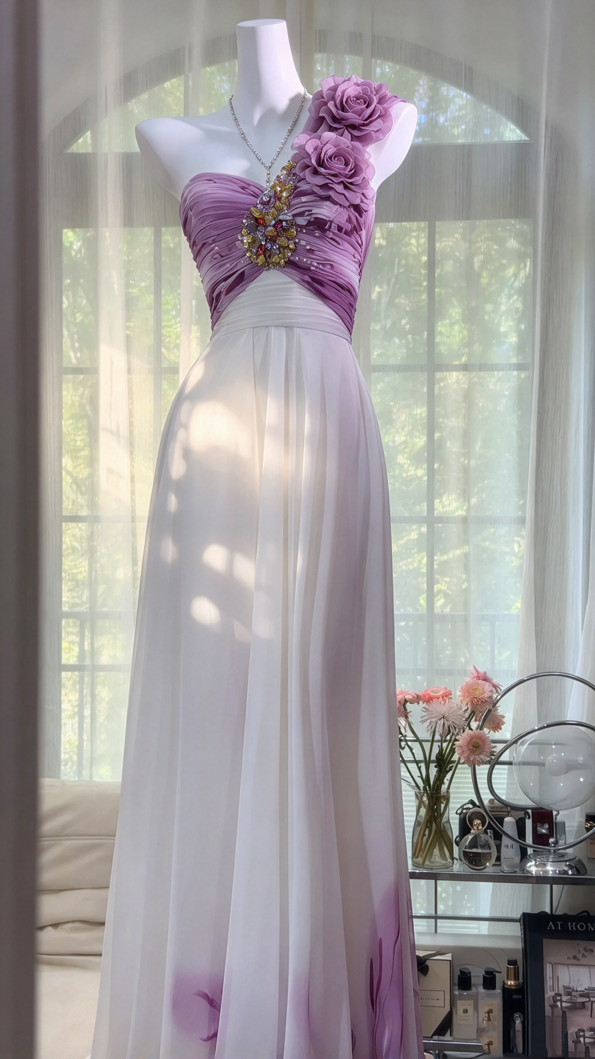 Stunning Prom Dresses A line One Shoulder Lilac White Chiffon With Beading Long Formal Dress RC1251