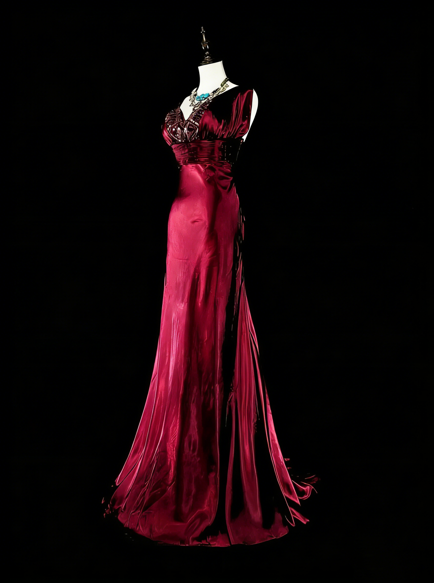 Vintage Mermaid V Neck Dark Red Burgundy Satin With Beadings Long Prom Gown Party Wear Fashion Dresses N1829
